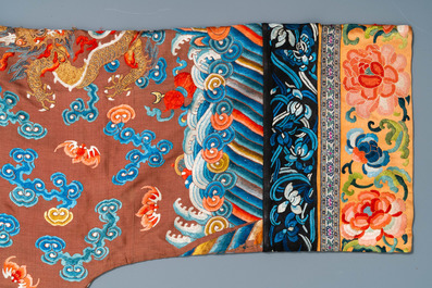 A Chinese embroidered silk brown-ground 'dragon' robe, 18/19th C.