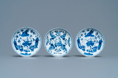 Six large Chinese blue and white cups and five saucers, Yu mark, Kangxi