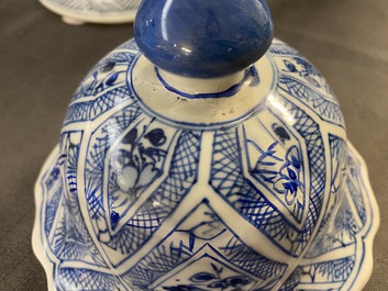 A large Chinese blue and white five-piece garniture with floral and landscape panels, Kangxi