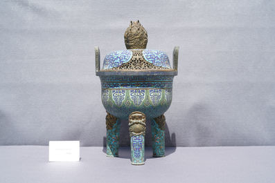A large Chinese cloisonn&eacute; tripod censer and cover, Qianlong