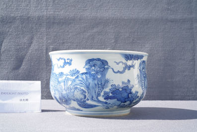 A Chinese blue and white 'mythical beasts' censer, Transitional period