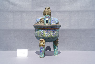 A large Chinese cloisonn&eacute; tripod censer and cover, Qianlong