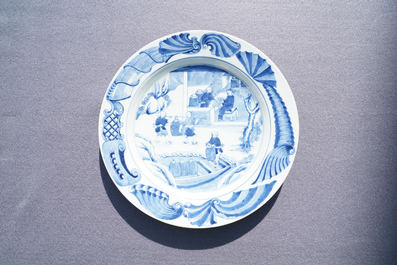 A Chinese blue and white 'tea cultivation' dish, Qianlong