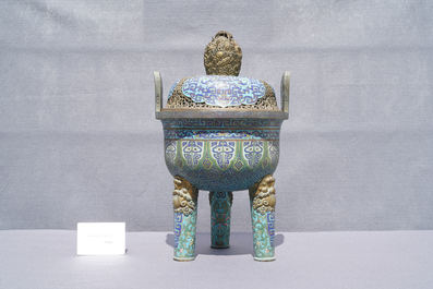 A large Chinese cloisonn&eacute; tripod censer and cover, Qianlong
