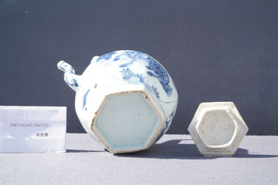 A large Chinese blue and white 'qilin' wine ewer and cover, Transitional period