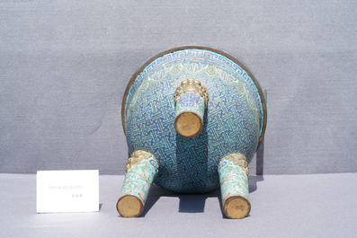 A large Chinese cloisonn&eacute; tripod censer and cover, Qianlong
