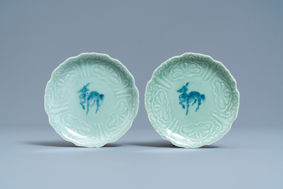 A pair of Japanese blue and white Arita bowls and a pair of celadon 'deer' dishes, Edo, 18/19th C.