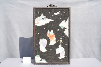 A pair of Chinese famille rose black gravel-ground plaques, Jiaqing