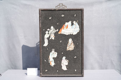 A pair of Chinese famille rose black gravel-ground plaques, Jiaqing