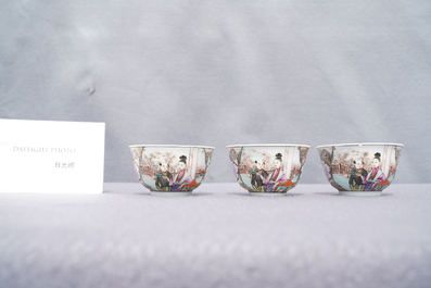 Six fine Chinese famille rose 'Mandarin' cups and saucers, Qianlong