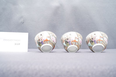 Six fine Chinese famille rose 'Mandarin' cups and saucers, Qianlong