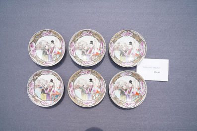 Six fine Chinese famille rose 'Mandarin' cups and saucers, Qianlong