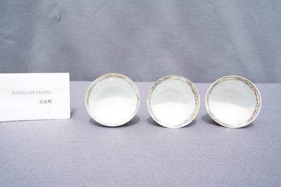 Six fine Chinese famille rose 'Mandarin' cups and saucers, Qianlong