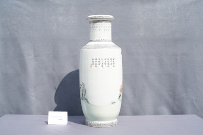 A Chinese famille rose rouleau vase with figures in a garden, Republic