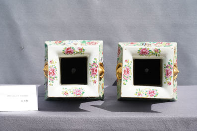 A pair of Chinese square famille rose celadon-ground vases on gilt bronze feet, 19th C.