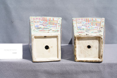 A pair of Chinese square famille rose celadon-ground vases on gilt bronze feet, 19th C.