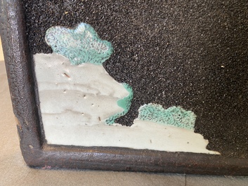 A pair of Chinese famille rose black gravel-ground plaques, Jiaqing