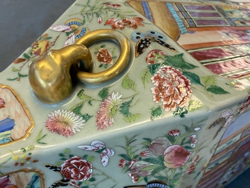 A pair of Chinese square famille rose celadon-ground vases on gilt bronze feet, 19th C.