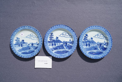 Six Chinese blue and white 'Scheveningen' plates, Kangxi