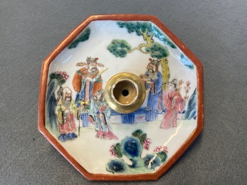 A Chinese octagonal famille rose incense stand with a miniature censer, 19th C.