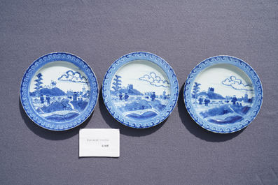 Six Chinese blue and white 'Scheveningen' plates, Kangxi