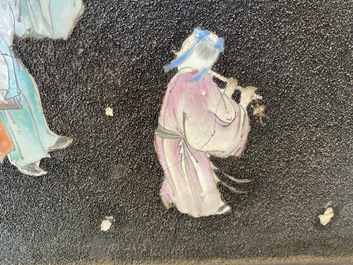 A pair of Chinese famille rose black gravel-ground plaques, Jiaqing