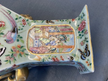 A pair of Chinese square famille rose celadon-ground vases on gilt bronze feet, 19th C.