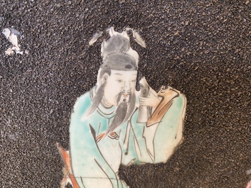 A pair of Chinese famille rose black gravel-ground plaques, Jiaqing
