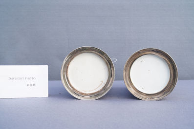 A pair of Chinese silver-mounted cylindrical famille verte covered jars, Kangxi
