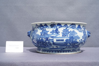 A large Chinese blue and white 'landscape' censer, Qianlong