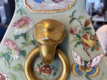 A pair of Chinese square famille rose celadon-ground vases on gilt bronze feet, 19th C.