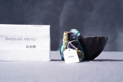 A Chinese aubergine- and turquoise-glazed duck and lotus-shaped water dropper, Kangxi