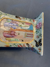 A pair of Chinese square famille rose celadon-ground vases on gilt bronze feet, 19th C.