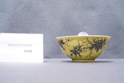 A Chinese grisaille yellow-ground Dayazhai bowl, Yong Qing Cang Chun mark, Guangxu
