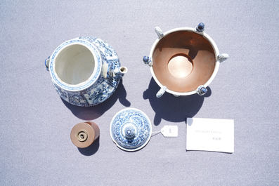 An extremely rare Arita blue and white Delft-style kettle on heating stand, Japan, Edo, ca. 1750