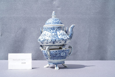 An extremely rare Arita blue and white Delft-style kettle on heating stand, Japan, Edo, ca. 1750