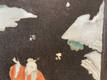 A pair of Chinese famille rose black gravel-ground plaques, Jiaqing