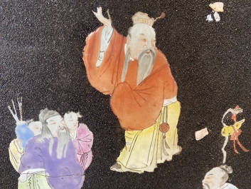A pair of Chinese famille rose black gravel-ground plaques, Jiaqing