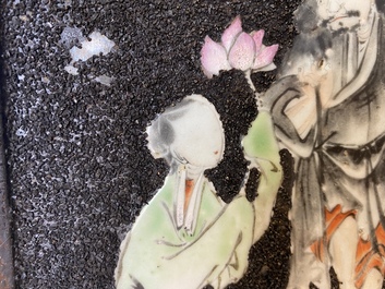 A pair of Chinese famille rose black gravel-ground plaques, Jiaqing