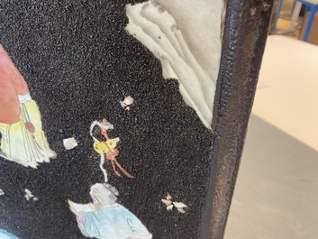 A pair of Chinese famille rose black gravel-ground plaques, Jiaqing