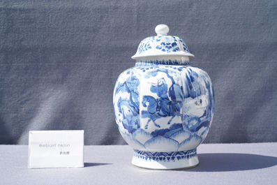 A Chinese blue and white 'horseriders' vase and cover, Kangxi