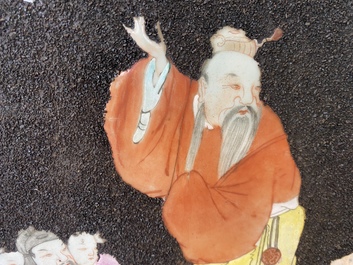 A pair of Chinese famille rose black gravel-ground plaques, Jiaqing