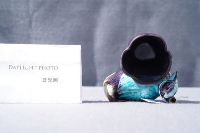 A Chinese aubergine- and turquoise-glazed duck and lotus-shaped water dropper, Kangxi