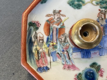 A Chinese octagonal famille rose incense stand with a miniature censer, 19th C.