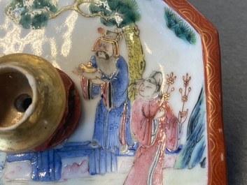 A Chinese octagonal famille rose incense stand with a miniature censer, 19th C.
