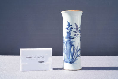 A Chinese blue and white sleeve vase with birds among blossoming branches, Transitional period