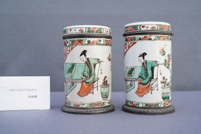 A pair of Chinese silver-mounted cylindrical famille verte covered jars, Kangxi