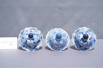 A large Chinese blue and white five-piece garniture with floral and landscape panels, Kangxi