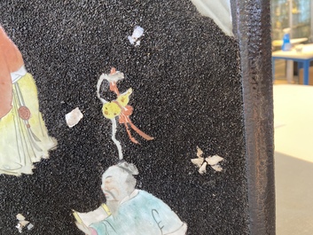 A pair of Chinese famille rose black gravel-ground plaques, Jiaqing