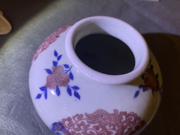 A Chinese blue, white and copper-red 'phoenixes' water pot, Kangxi mark, 19th C.